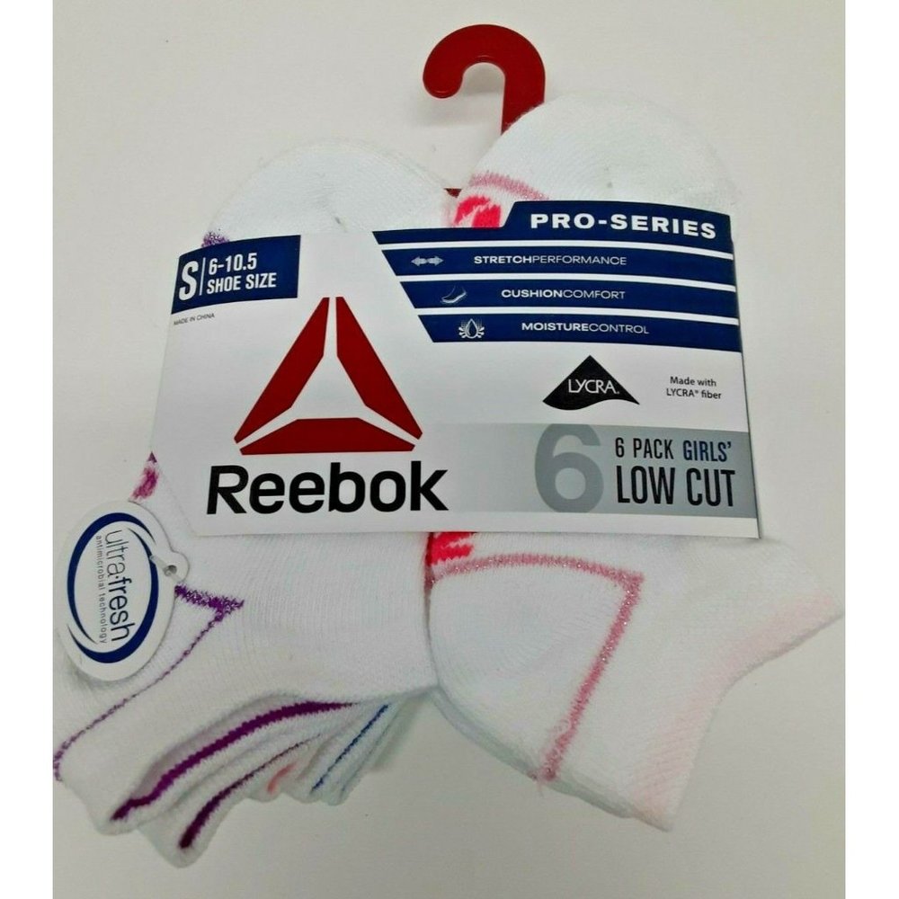 Reebok Girls Pro-Series Low Cut Socks 6-Pack Size Small Fits Shoe Size 6 - 10.5